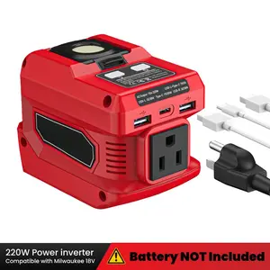 220W Power Inverter Compatible with Milwaukee 18V Battery, DC 18V to AC 110V Portable Power Station with 1 AC Outlet, 2 USB Ports & 1 Type-C Fast Charging, 400LM LED Work Light,[Battery Not included]
