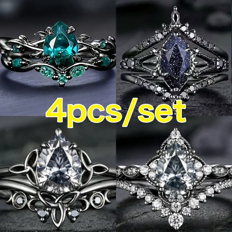 4PC Vintage Black  Silver Drop Wedding Engagement Ring Set with Exquisite Carved Design