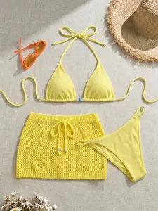 2 Piece Bright Triangle Bikini and Knitted Cover-Up Set, Sexy Halter Design and Fine Strap Cups for Beach Vacation, Pool Photography Must-Have, Micro Triangle Bra, Triangle Bikini Top, Fitted Silhouette, Drop Waist Skirt, Bikinis Sets