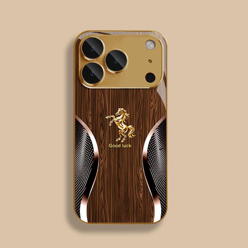 Phone Case - Wooden Background with Curved Golden Horse, Aesthetic High-End Personalized Pattern Plated Glass Phone Case for iPhone 17/16/15/14/13/12/11 and Samsung Galaxy S26/S25/S24/S23 A series, Fashionable Aesthetic 995
