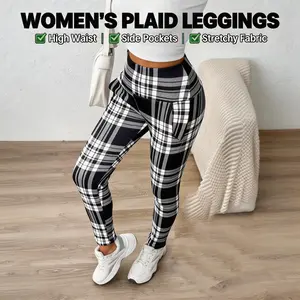 Women's High Waisted Plaid Leggings with Side Pockets Stretchy Soft Casual Workout Pants for Womenswear Bottom
