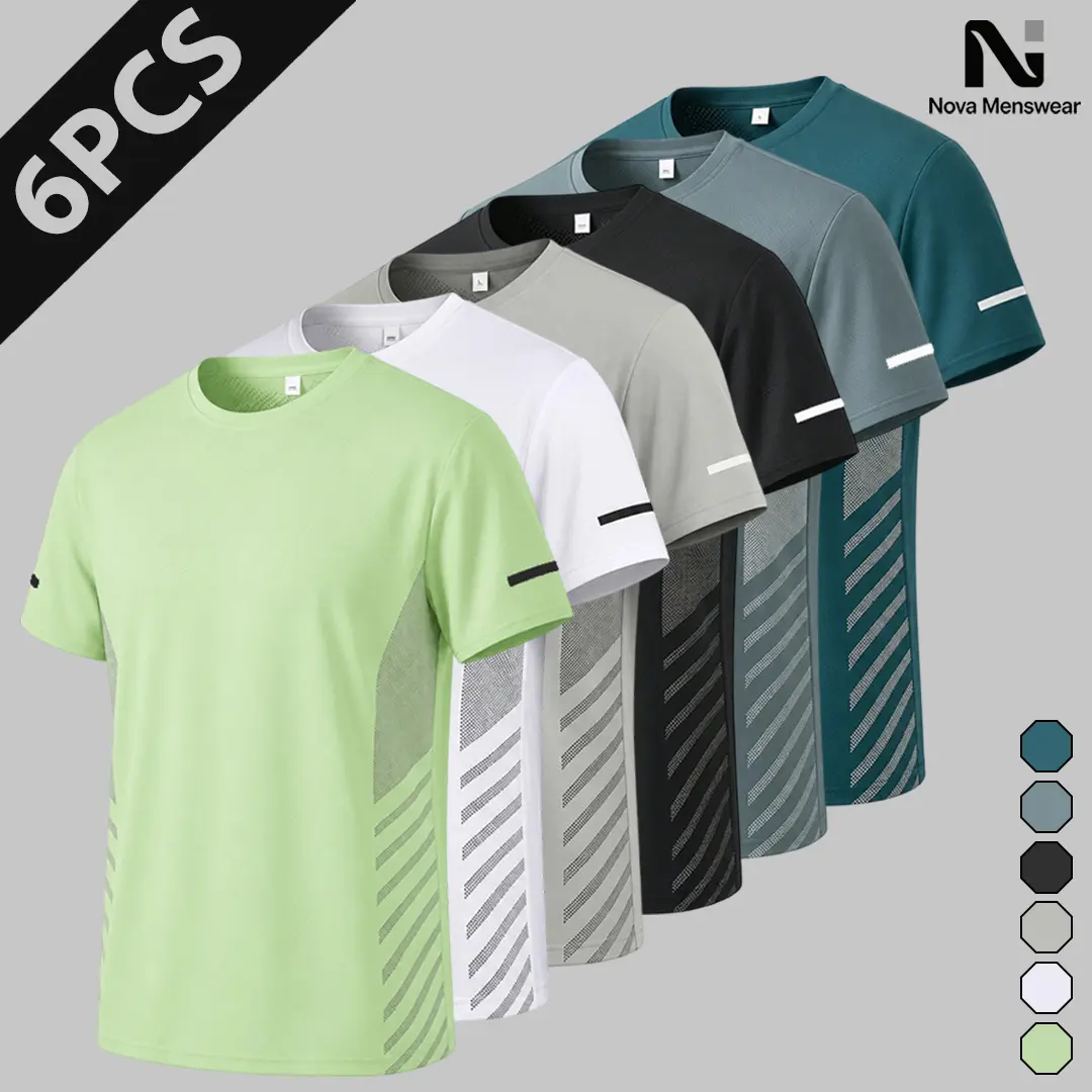 Men's Athletic T-Shirts 6-Pack, Breathable Short-Sleeve Crew Neck Tops with Mesh Stripe Panels and Reflective Accents for Gym Workouts, Gym Wear, Sporty Chic, 6-Pieces