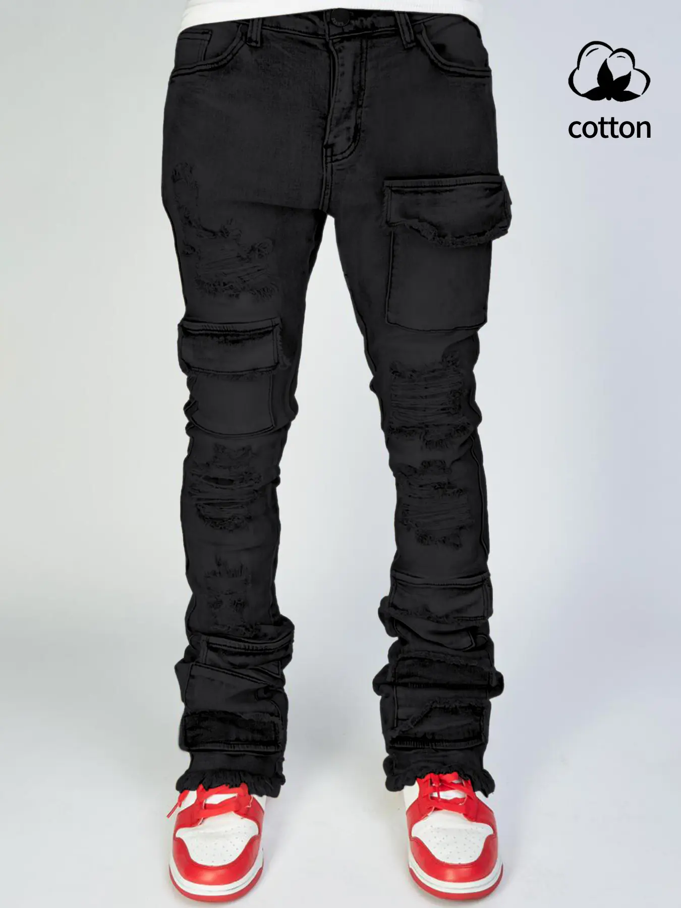Men's Fitted Stacked Bell Jeans, Distressed Ripped Denim Jeans, Fashionable Korean Embroidered Elastic Casual Long Trousers