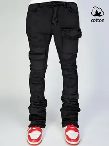 Men's Fitted Stacked Bell Jeans, Distressed Ripped Denim Jeans, Fashionable Korean Embroidered Elastic Casual Long Trousers