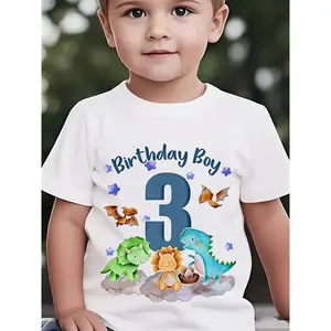 Summer Boys' Stylish Short-Sleeve T-Shirt with 'BIRTHDAY BOY' And a Number 3, Featuring Various Cartoon Dinosaur Prints for Outdoor Casual Wear,