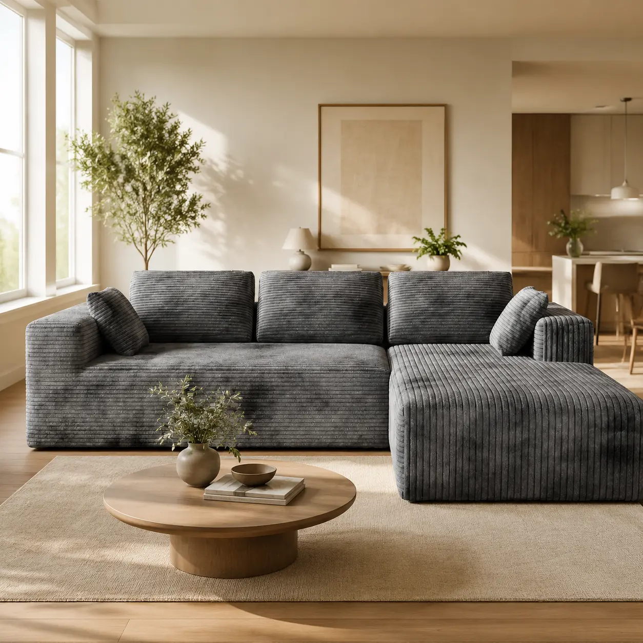 Oversized L Shaped Sofa Couch, Modern Sectional Sofa with Chaise, Soft Corduroy Fabric Deep Seat Sofa for Living Room