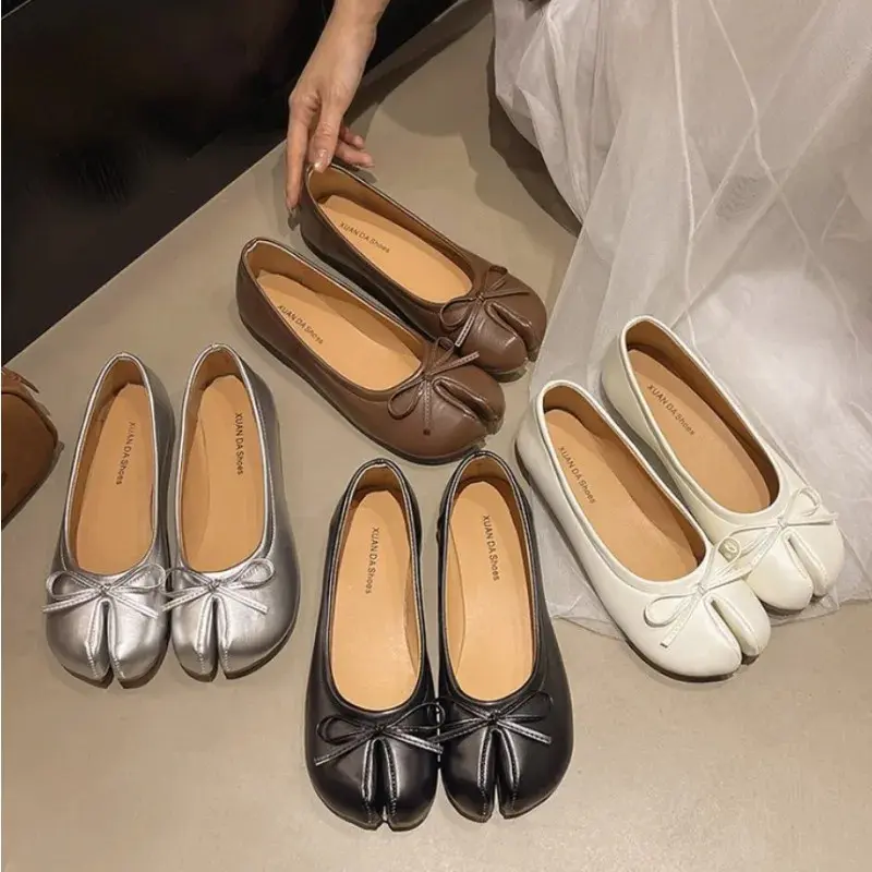 Women's Soft PU Leather Ballet Flats - New Brand Slip-On Loafers with Bow Knot, Solid Colors PU Upper Casual Tabi Footwear for Ladies, Shoe, Creamy-White 701-1, Korean Look, Shoes For Women