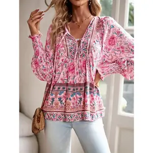 Floral Print Tie Neck Bohemian Blouse