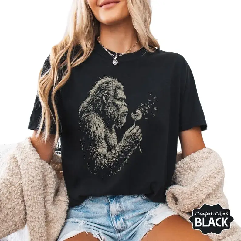 Bigfoot Dandelion T-Shirt, Vintage Sasquatch Nature Tee, Woodland Cryptid Graphic T-Shirt, Outdoor Adventure Shirt, Bigfoot Lover Gift Casual Fitted