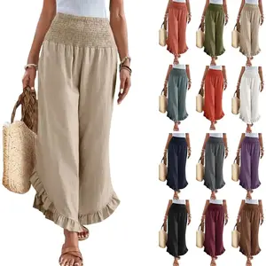 Women Linen Pants Summer Wide Leg Pants Smocked Waist Ruffle Hem Palazzo Pants Boho Flowy Beach Pants with Pocket