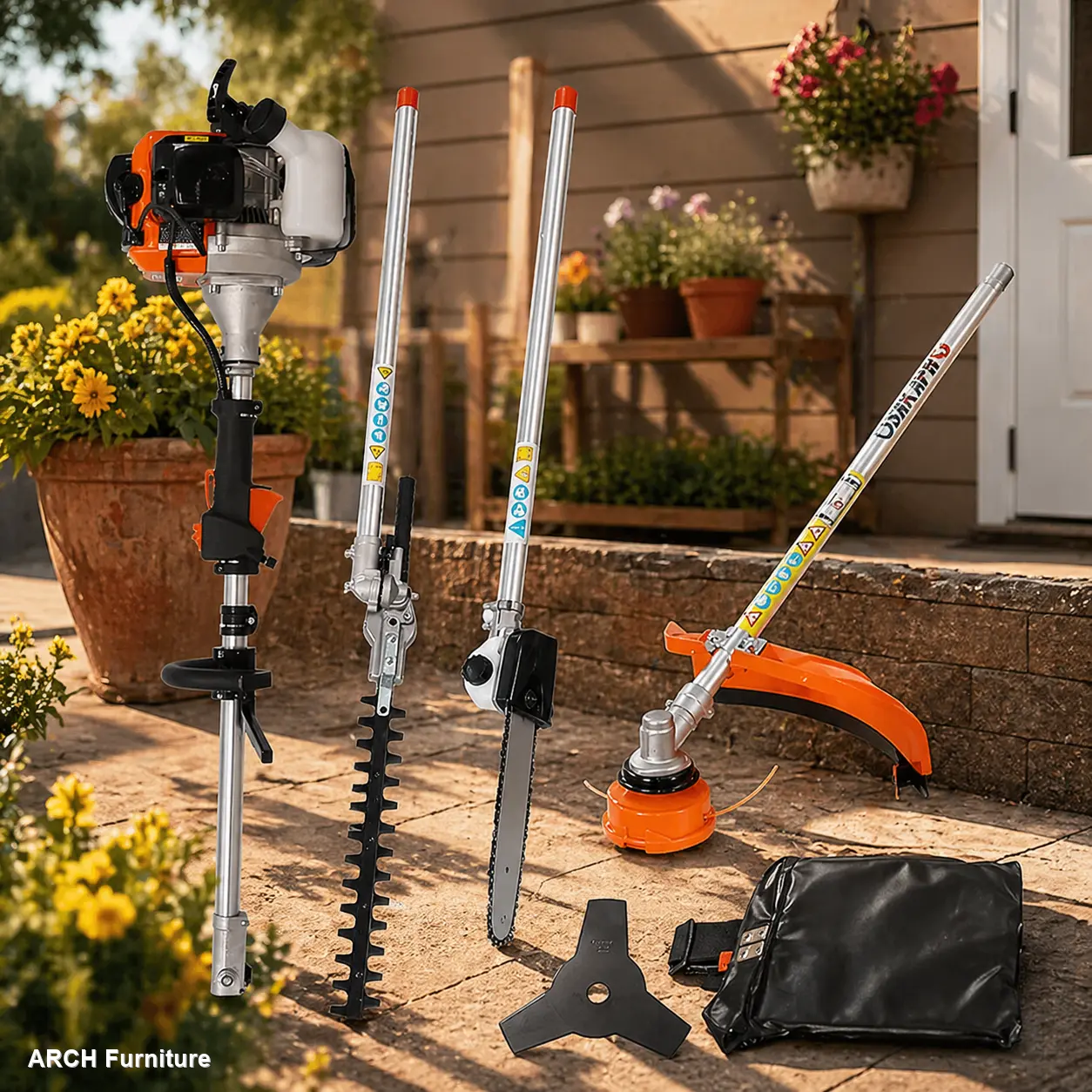 4-in-1 Multi-Functional Trimming Tool Kit, 52CC 2-Cycle EPA-Compliant Garden Tool System with Gas Pole Saw, Hedge Trimmer, Grass Trimmer, Brush Cutter Tool Box Portable