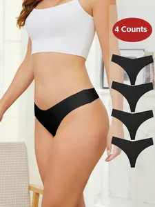 Women's Low-Waist Thongs Pack of 4, Ice Silk Seamless Breathable Underwear, Lightweight Elastic Thongs for All Seasons, Seamless No Show