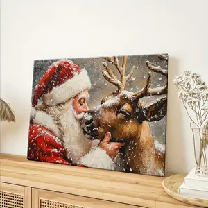 Santa Claus Kissing Reindeer Christmas Canvas Wall Art Print Wooden Frame Holiday Decoration Living Room Bedroom Hallway Bright High Definition Painting Festive Home Decoration Christmas Ornaments Ready to Hang