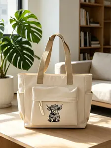 Highland Cow Print Women's Casual Tote Bag, Large Capacity Multi-Pocket Handbag, Shoulder Bag for Travel and School, Ideal Gift
