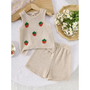 Kids Girls Summer 2pc Set 3D Strawberry Appliqué Tank Shorts 1-8 Years Simple Outdoor Clothing