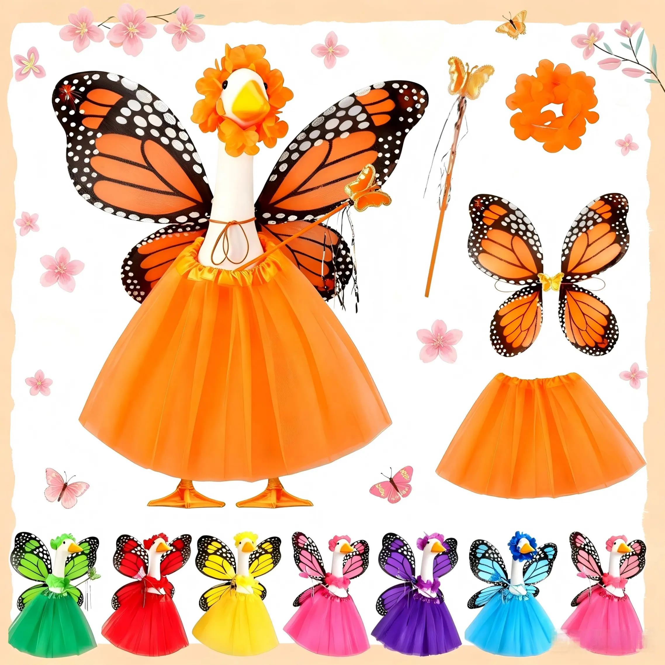 4Pcs Butterfly Fairy Porch Goose Outfit Set, Tutu Skirt + Butterfly Wings + Magic Wand + Flower Crown Costume Accessories, Fit for 17 Inch & 23 Inch Cement Lawn Goose Statue, Yard Garden Outdoor Decor (Goose Not Included)
