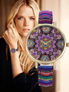 Bohemian Vintage Quartz Watch, Zinc Alloy Case, Colorful Woven Leather Strap, Floral Pattern, Analog Display, Women's Daily Commute Jewelry