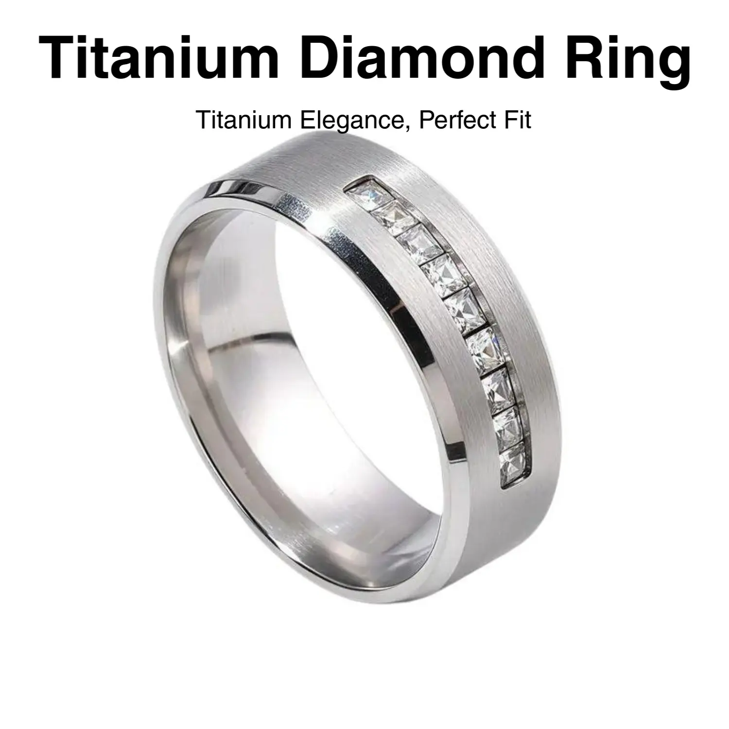 Men's Titanium Alloy Ring with Brushed Center & Polished Edges, Channel Set Princess Cut CZ, Modern Elegance Hypoallergenic Jewelry, Beveled Edges, Everyday Wear, Alloy Rings, Birthday, Christmas, Cubic Zirconia Rings