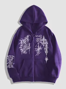 Dark Gothic Thorn Cross Print Hoodie for Men, Y2K Zip-Up Loose Jacket, Street Style Fitted Sweatshirt, Fall & Winter Fashion