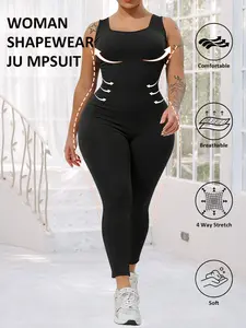 Plus Size Women's U Neck Sleeveless Bodysuit Leggings, Skin-Friendly Shaping One-Piece, Wide Shoulder Straps, Fashion Abdominal Control Yoga Pants, Sporty Comfy Jumpsuit, Workout Jumpsuit