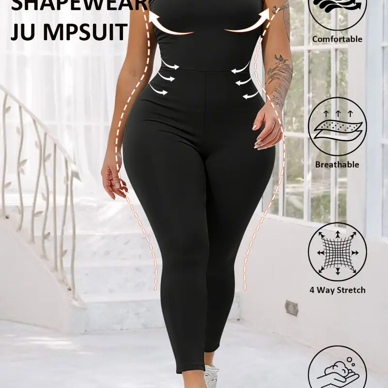 Women's Plus Size Sleeveless Sports Bodysuit, U Neck Solid Color One-Piece, Sporty Comfy Jumpsuit, Comfortable Sportswear for Women, Workout Jumpsuit, Workout Fitness Jumpsuit, Stretchable Activewear