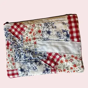 Red White & Blue Patchwork Zipper Pouch with Floral and Gingham Patterns
