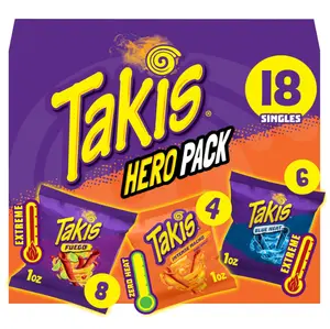 Takis 18 pc / 1 oz Hero Variety Pack, Assorted Flavored Mixed Rolled Tortilla Chips – (8) Fuego, (6) Blue Heat, (4) Intense Nacho