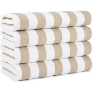 California Cabana Stripe Beach Towel Set - Pack of 4, Large Soft Quick Dry 100% Cotton Terry Towels for Pool, Swim, Hot Tub, Oversized 30 x 70 in, Beige