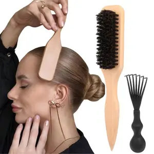 Bristle Slick Back Hair Brush for Women Men - Soft Bristle Hairbrush for Sleek Ponytail Bun, Detangling Smoothing Styling for Wet Dry Hair, Beard Grooming Brush Soft/Medium Smoothing Brush with Cleaning Tool