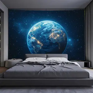 1pc Extra Large Planet Perspective Tapestry - Earth from Space Wall Hanging with Stars, Large Polyester Space Backdrop for Living Room, Bedroom, Office, Party Decor - Astronomy Theme Planetarium-like Decoration - Easy Hang No Installation Needed - Ideal A