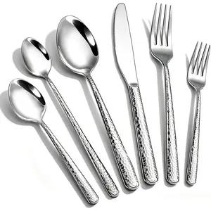 24- Hammered Flatware Set for 4, Stainless Steel Mirror Polished Silverware - Complete Set of , Forks, Spoons, Featuring Dessert & Ice Cream Spoons, Dishwasher Safe