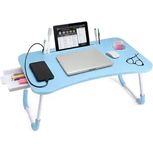 Lap Desk with Tablet Slot, Foldable Laptop Table with Storage Drawer for BedPortable Bed Desk for Laptop, Computer Tray with Cup Holder Notebook Stand Reading Holder for Couch Floor, Blue