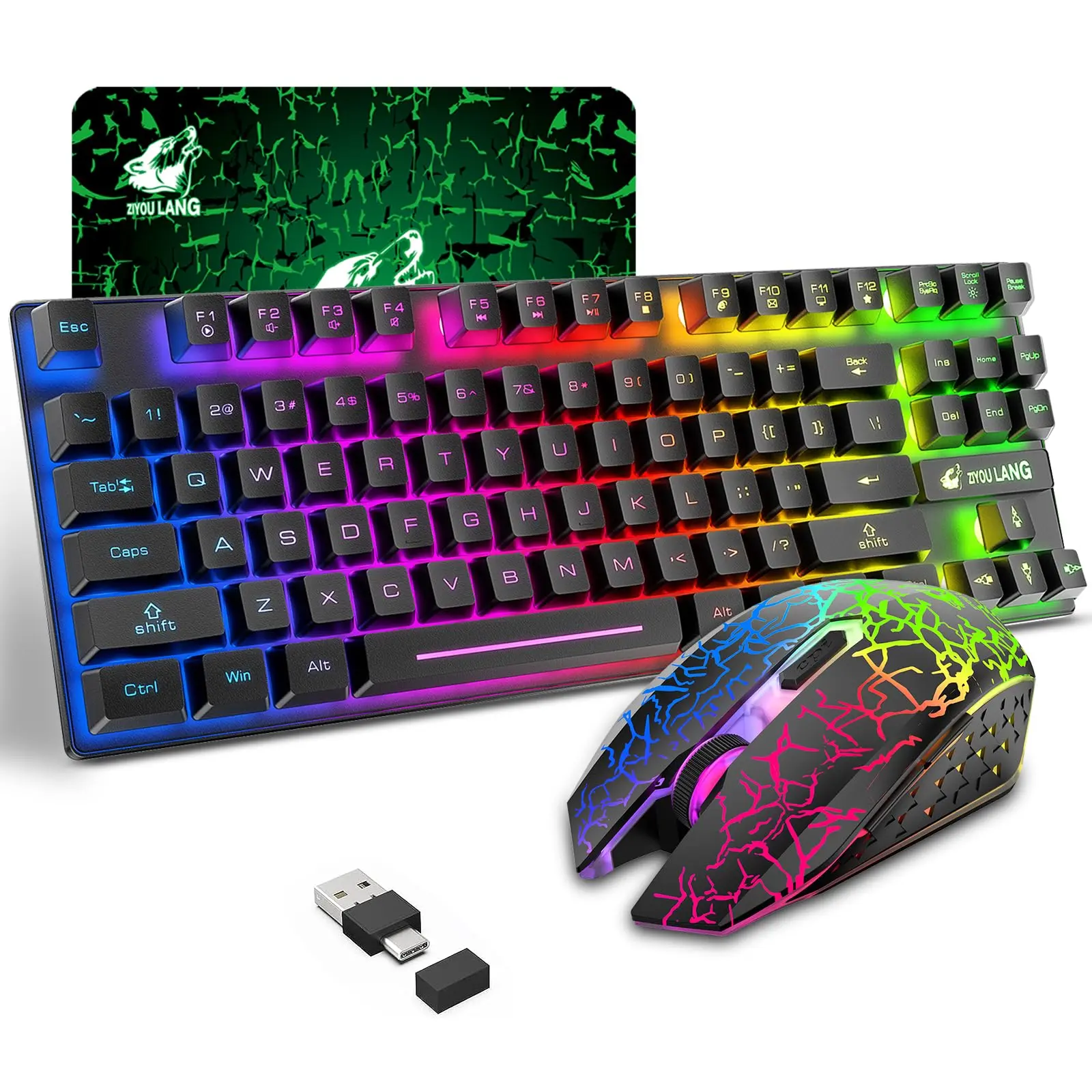 Wireless Gaming Keyboard & Mouse Set, 87-key Rainbow LED Backlight Keyboard & RGB Silent Mouse, Rechargeable Keyboard & Mouse Set for Gaming, RGB Backlit Keyboard, Light Up Keyboard