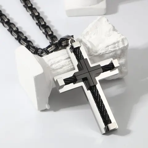 MILACOLATO Elegant Black Steel Fashion Cross Pendant Byzantine Chain Necklace for Men - Adjustable 24" Stainless Steel Chain, Silver/Gold Options, Casual Daily Wear, Birthday Gift