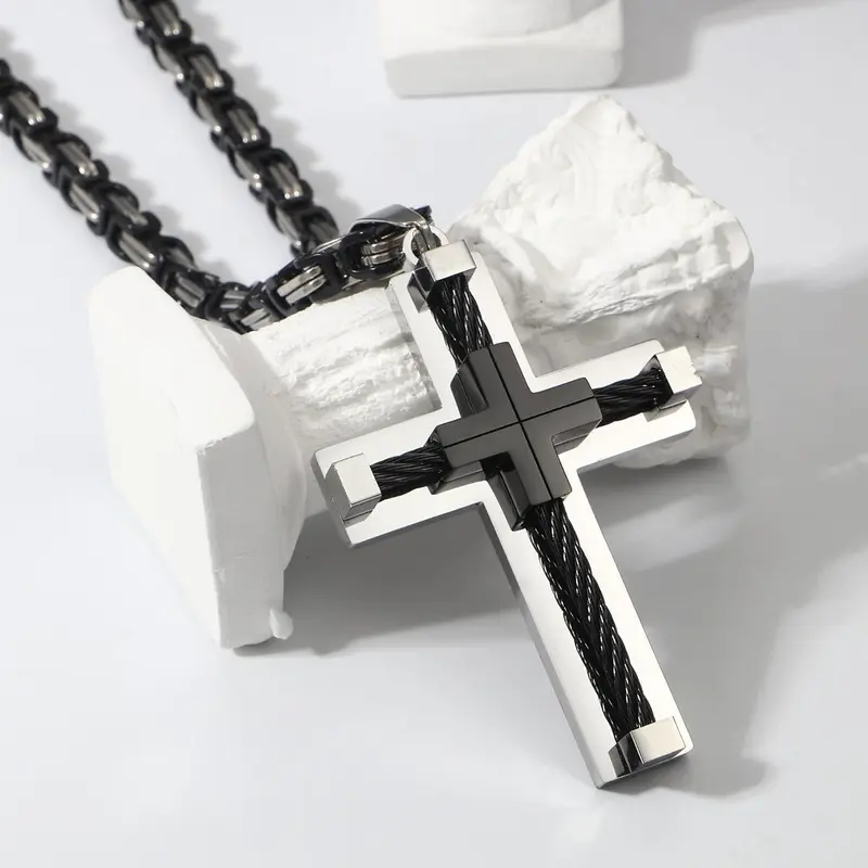 MILACOLATO Elegant Black Steel Fashion Cross Pendant Byzantine Chain Necklace for Men - Adjustable 24" Stainless Steel Chain, Silver/Gold Options, Casual Daily Wear, Birthday Gift