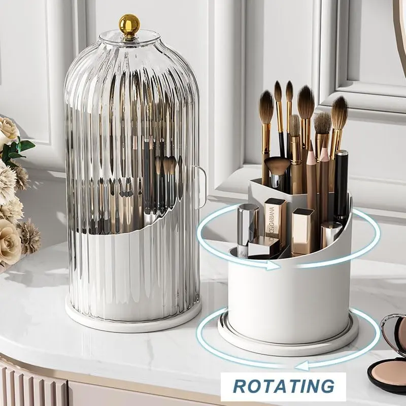 Makeup Brush Holder with Lid 360 Rotating Clear Dustproof Make Up Organizers for Vanity Bathroom Countertop, Transparent | with Lid