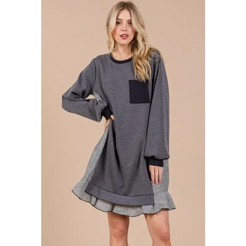 Ces Femme Striped Patchwork Round Neck Terry Sweatshirt Dress