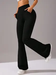 New Women's High-Waisted Bare Feel Pants, Casual Sporty Bell Bottoms with Pockets, Slim Fit Peach Butt Yoga Workout Long Trousers, High Stretch Bottoms