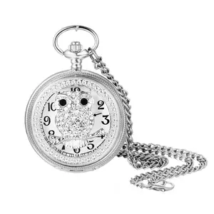OIDEA Vintage Owl Pocket Watch Necklace, Hollow Carved Case, Rhinestone Accents, Arabic Numeral Dial, Long Chain Unisex Quartz Pocket Watches