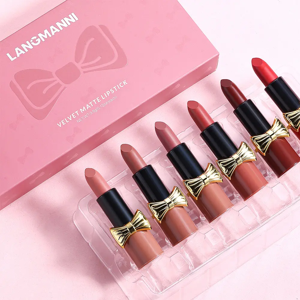 LANGMANNI Velvet Matte Bow Lipstick Set, Cosmetic Makeup Kit - Compact, Smooth, Silky Matte Finish, Long-Lasting, Smudge-Proof, Transfer-Resistant, Daily Beauty Item, Great Value, Ideal Gift