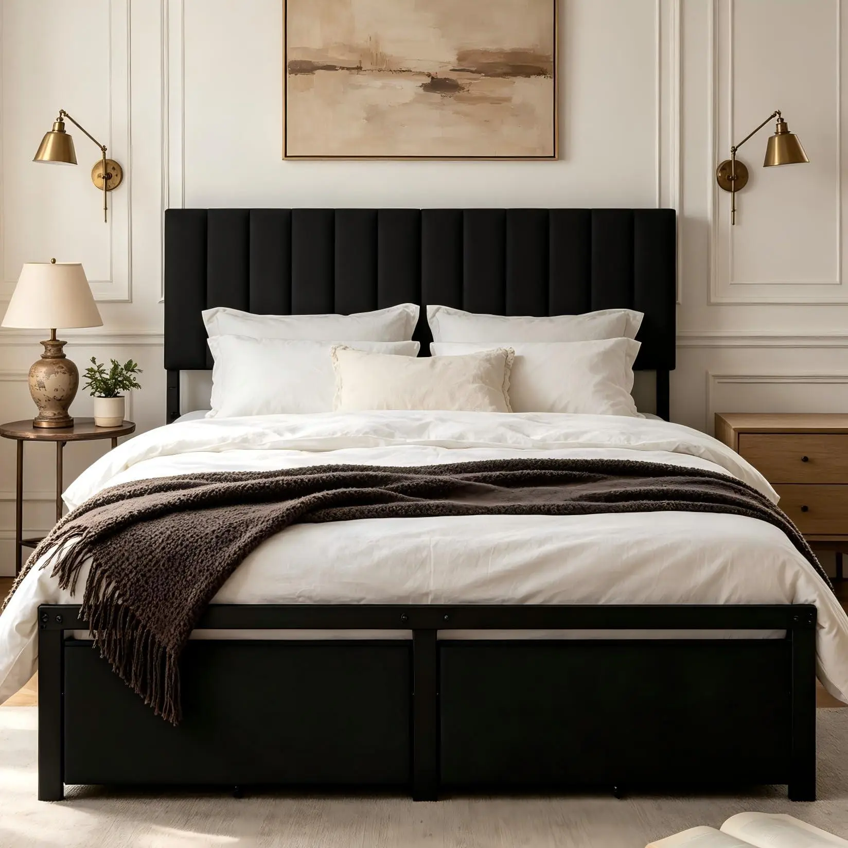 GARVEE Full Size Bed Frame with Fabric Upholstered Headboard, Drawer, Black Metal Slat Support, Mattress Foundation, No Box Spring Needed, Easy Assembly, Noise-Free, Full Size Bed Frames
