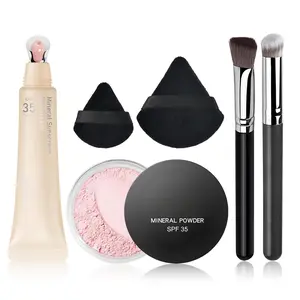KYDA 6 Pcs Pink Mineral Under Eyes Concealer Kit with SPF 35, Loose Setting Powder, Color Corrector, Brushes & Makeup Puffs for Dark Circles Correction