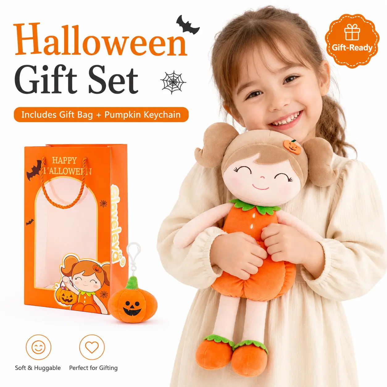 Halloween Gifts for Girls, 3-Piece Halloween Witch & Pumpkin Girl Plush Doll Set, 16-in Soft Rag Doll with Mini Pumpkin Keychain Charm for Toddlers Kids