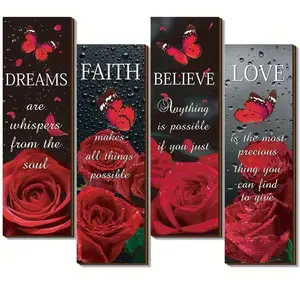 4pcs Inspirational Wooden Wall Plaques, Dreams Faith Believe Love, Roses and Butterflies, 10x4 Inches, Perfect Gift for Bathroom Bedroom Home Decor, Home Decor Products