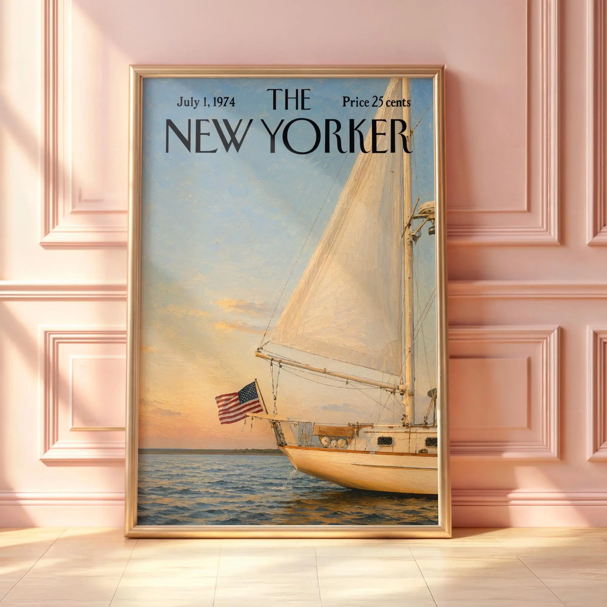 Vintage New Yorker Sailboat Poster, Classic Yacht Wall Art, Nautical Sunset Print, Coastal Magazine Cover, Ocean Sailing Decor