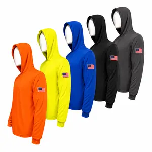 5 SHIRT PACK With USA Flag logo on Left Arm and Hi Vis Long Sleeve Safety Shirt With Hoodie, Quick Dry Polyester Birdeye mesh / Ultra lightweight hoodie  shirt Reflective Thin Pullover Long sleeves ( 5 SHIRTS PER ORDER)