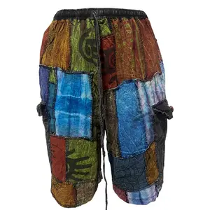 Men’s Patchwork Shorts Handmade Cotton Hippie Boho Bohemian Yoga Comfy Lightweight w/2 Side Pocket