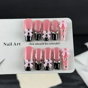10pcs high-end Sweet and cool style, hand-painted three-dimensional bowknot, shiny round diamonds handmade fake nails, Nail stickers suitable for an escaped princess to attend important banquets, sister gatherings, afternoon tea, and Valentine's Day event