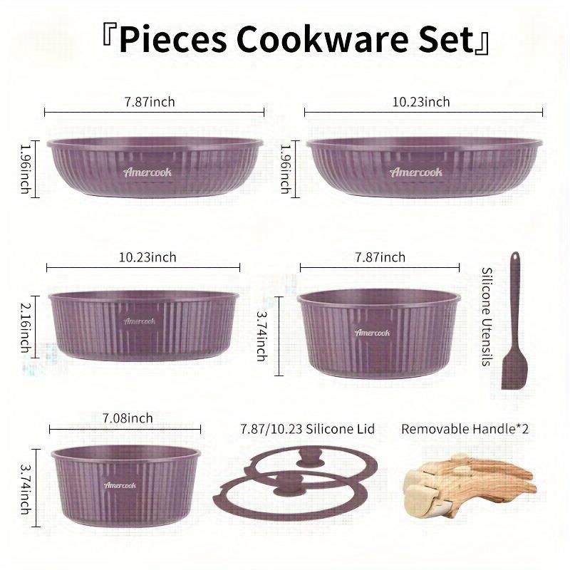 10pc Pots And Pans Set, Amercook Purple, Non-Stick Kitchen Cookware Set With Removable Handles, Aluminum, Dishwasher Oven Safe, Includes, Deep Frying Pan, Skillet, Stock Pot, Silicone Spatula With Lid, PFOA-Free, Works With All Kitchen