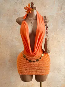 Womens 2 Piece Summer Outfit, Orange Halter Cowl Neck Deep V Sleeveless Bodysuit with Backless Design, Fluffy Textured Bodycon Mini Skirt Set for Beach, Party, Vacation